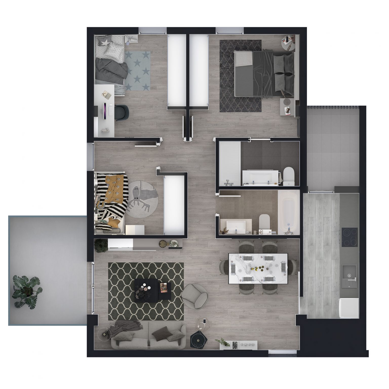Plano amueblado de vivienda de 3 dormitorios en Terrazas de Valdesanchuela: 2 baños, salón-comedor, cocina y amplias terrazas.