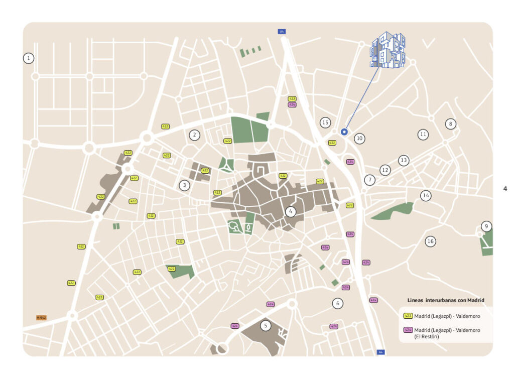 Mapa de ubicación de Terrazas de Valdesanchuela en Valdemoro con los servicios cercanos numerados: hospital, centro de salud, Cercanías C-3, colegios, supermercados y parques.